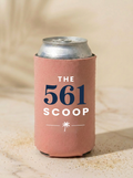 The 561 Scoop slim can koozie in coral, front — "Boca Is My Vibe"